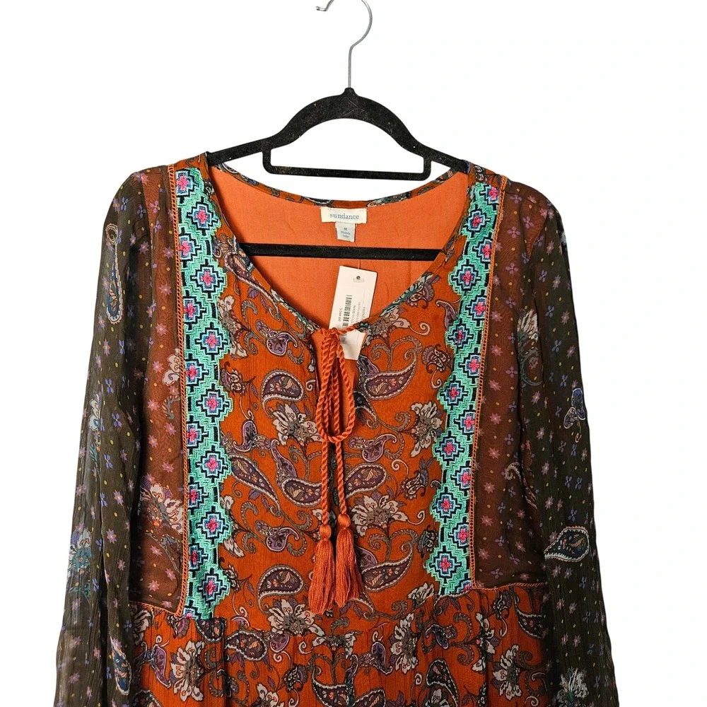 Sundance Artist Devine Paisley Boho Floral Keyhole Western Long Sleeve Dress NWT